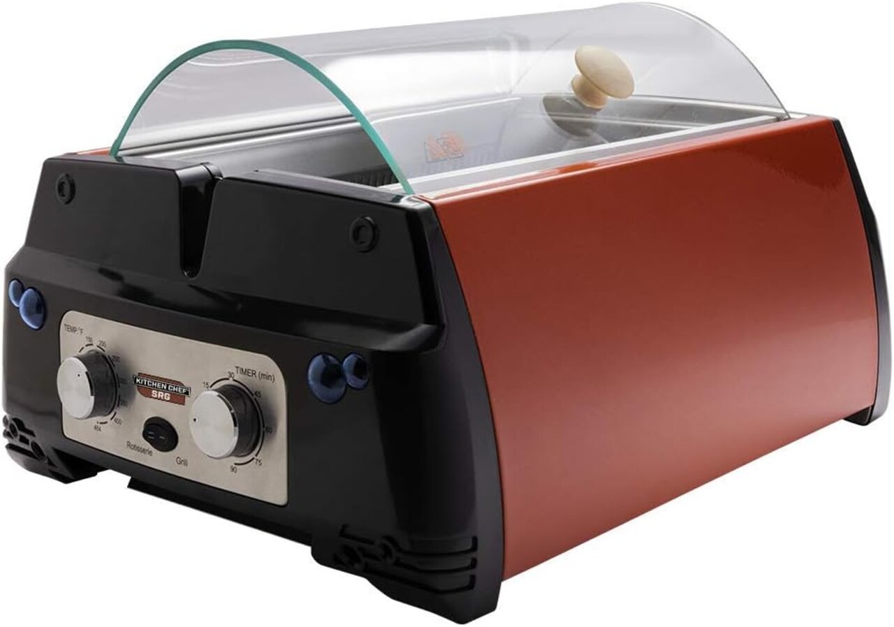 Kitchen Chef Indoor Smokeless Rotisserie Grill, Large Capacity, Multi-Functional, Stainless-Steel Construction, Auto Shut Off, Flameless Infrared Heating, Tempered Glass Lid & Drip Tray